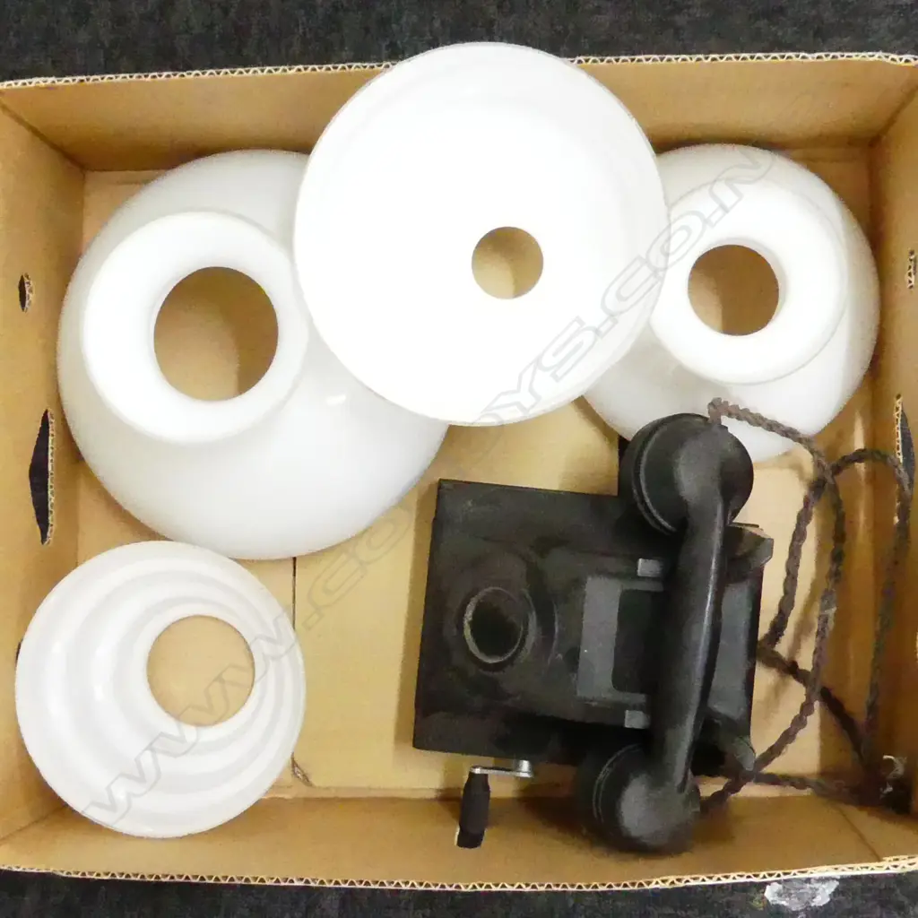 BOX LOT DIAL PHONE & 4 WHITE GLASS LIGHT SHADES Image 1++