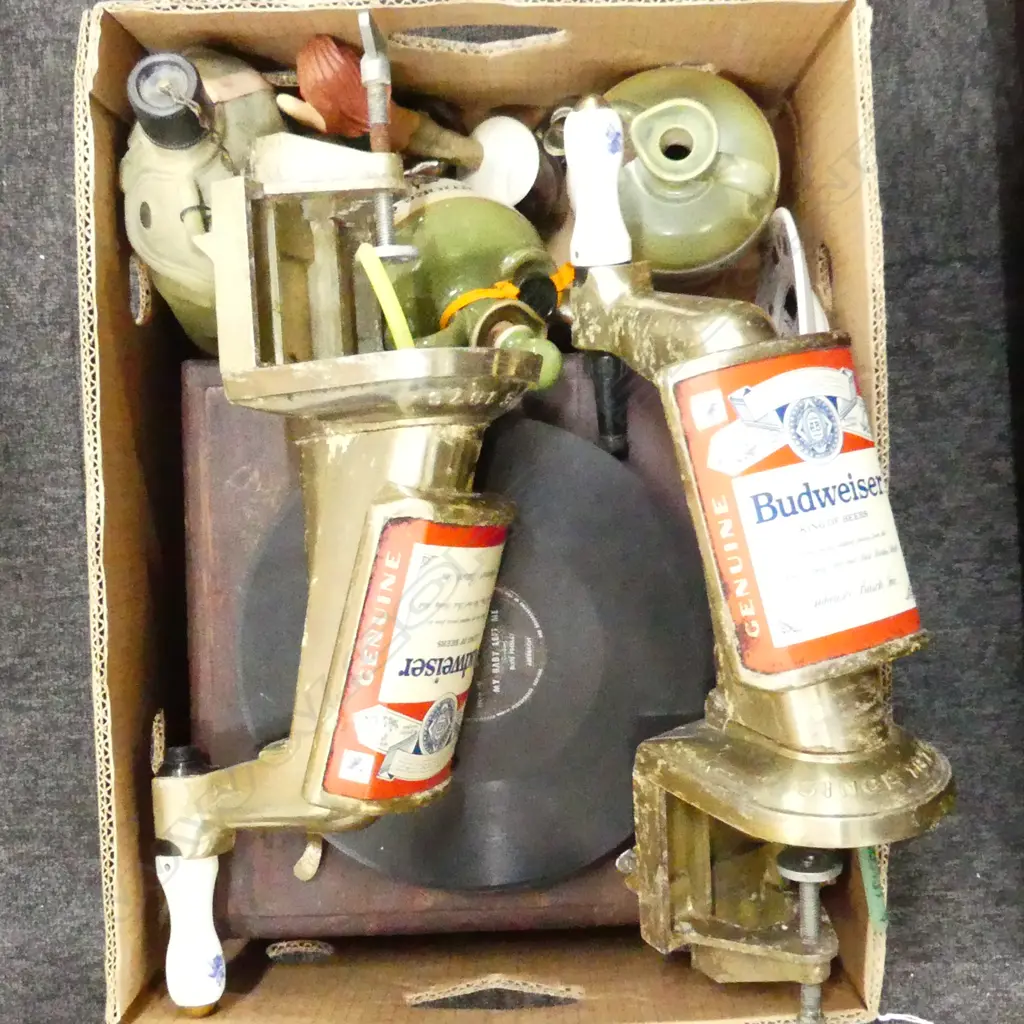 BOX LOT; OLD RECORD PLAYER, 2x BUDWEISER TAPS, ETC Image 1++