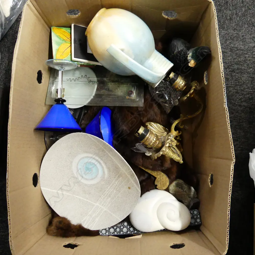 BOX LOT ASST.; CERAMICS, FUR, GOLD SCONCE, ETC Image 1++