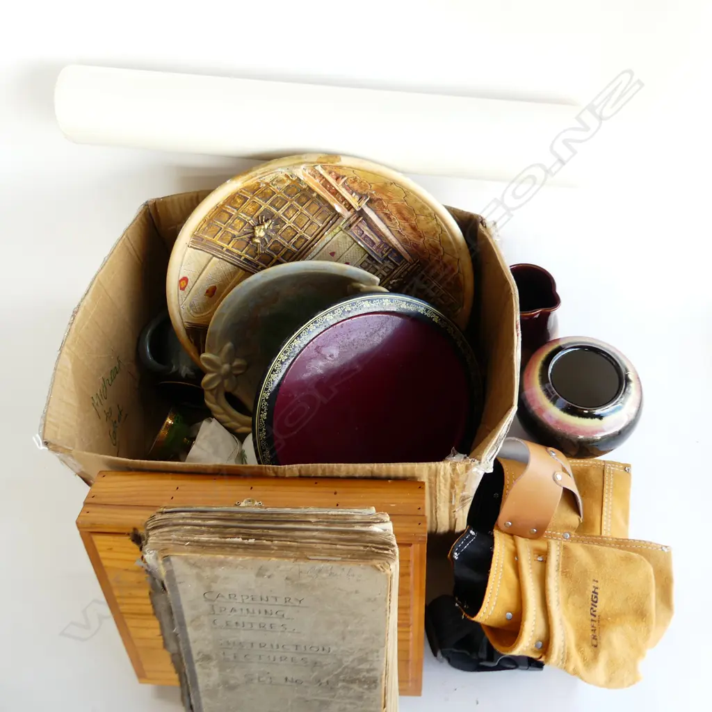 BOX LOT ASST. CERAMICS, TOOL BELT ETC Image 1++