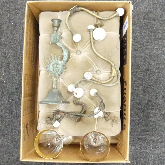 BOX LOT FOOT STOOL, 2 WINE GLASSES, HOOKS ETC