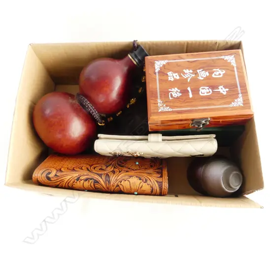 BOX LOT DOUBLE GOURD, 2 WALLETS, CERAMIC TEA BOWL CUPS ETC