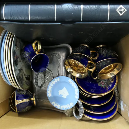 BOX LOT ASST. CHINA; COLLECTORS PLATES, EP TUREENS, EMPTY STAMP ALBUM ETC