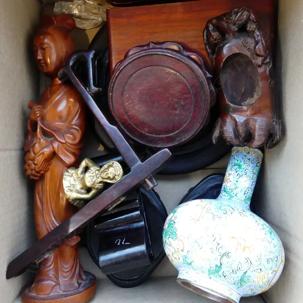 BOX LOT ASST. ORIENTAL WOODEN STANDS, FIGURE ETC Image 1++