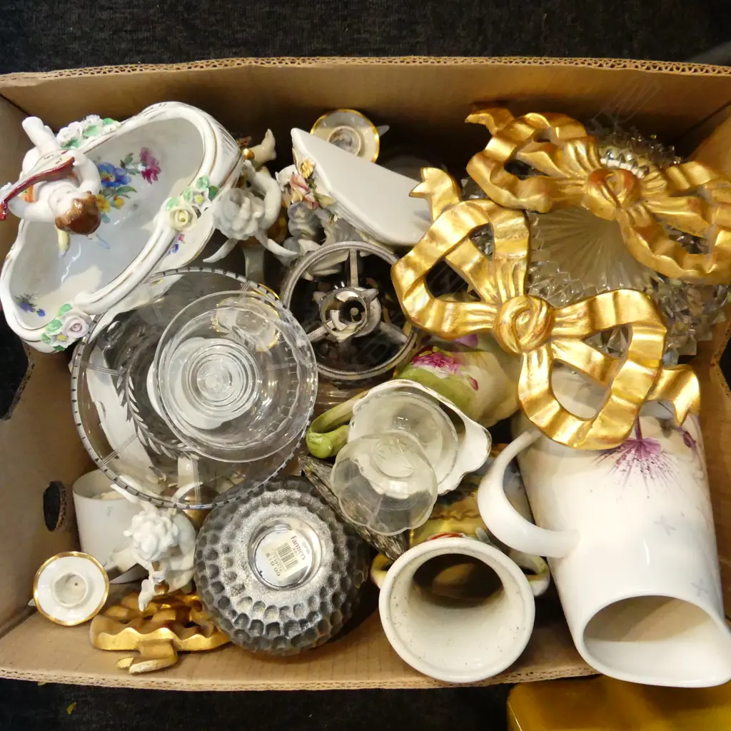 BOX LOT ASST. CHINA; PR CHERUB CANDLE HOLDERS AF, CRYSTAL ETC Image 1++