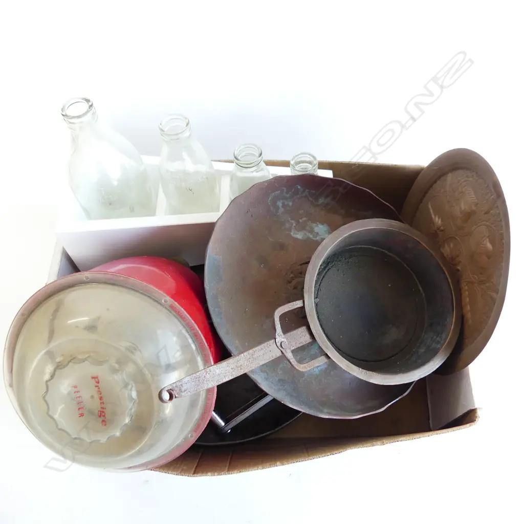 BOX LOT MILK BOTTLES, METAL PCES ETC Image 1++