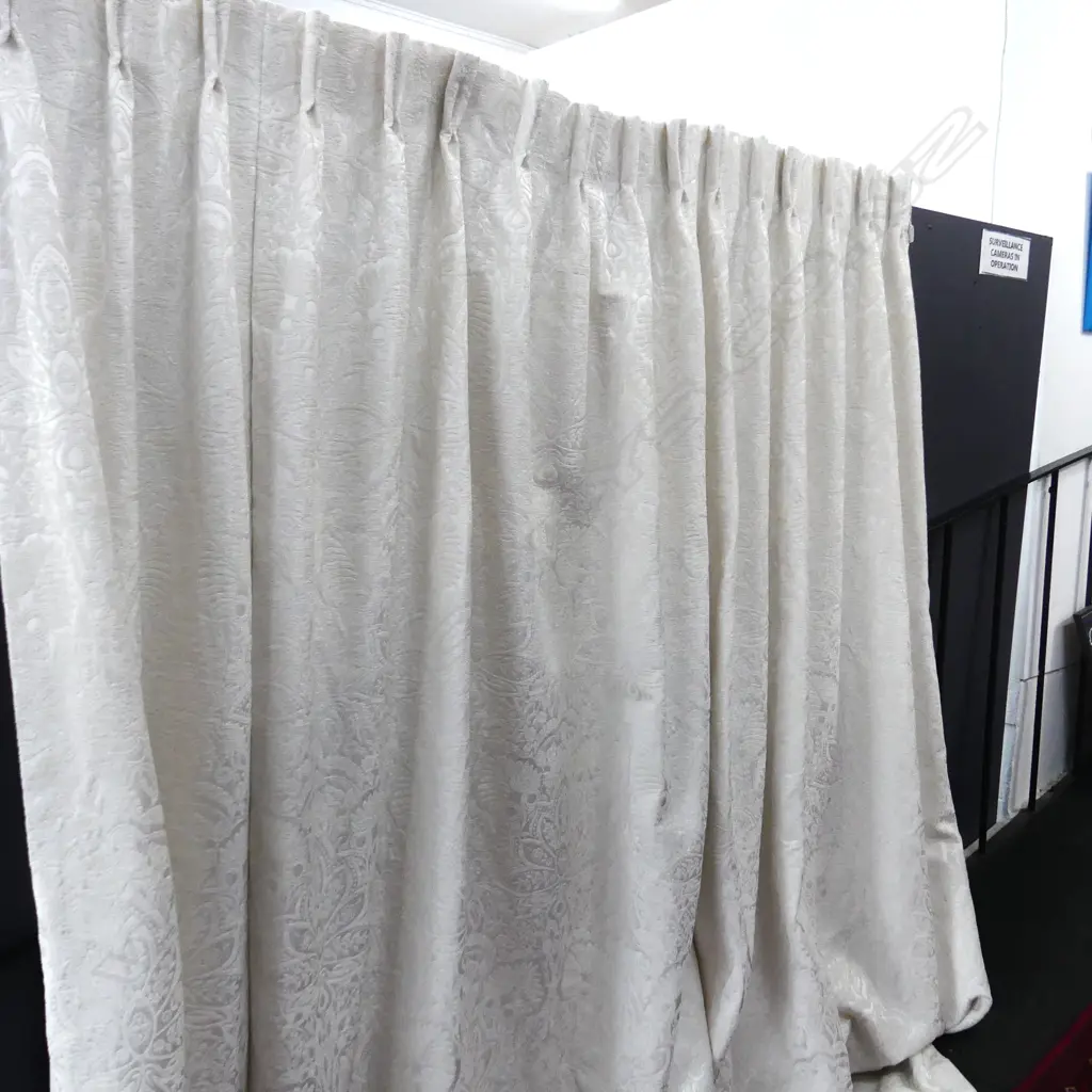 PR WHITE BROCADE CURTAINS EX GRACIOUS LIVING EACH W. 1.75M, 2.4M DROP - MINOR MARKS Image 1++