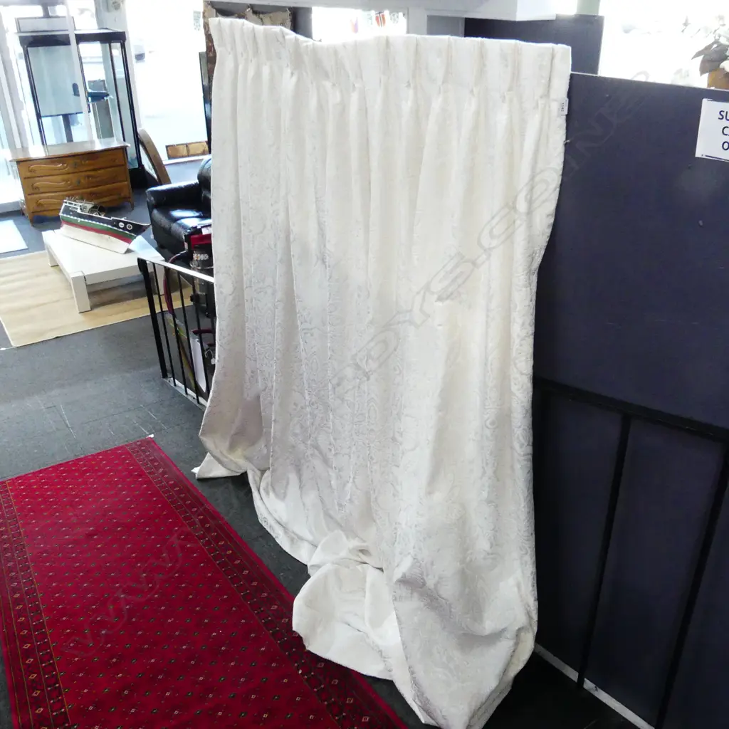PR WHITE BROCADE CURTAINS EX GRACIOUS LIVING EACH W. 1.75M, 2.4M DROP - MINOR MARKS Image 1++