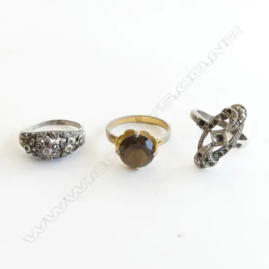 3 COSTUME RINGS; GP SMOKEY QUARTZ, 2 SILVER METAL AF
