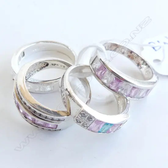 4 925 SILVER RINGS; PINK & WHITE STONES
