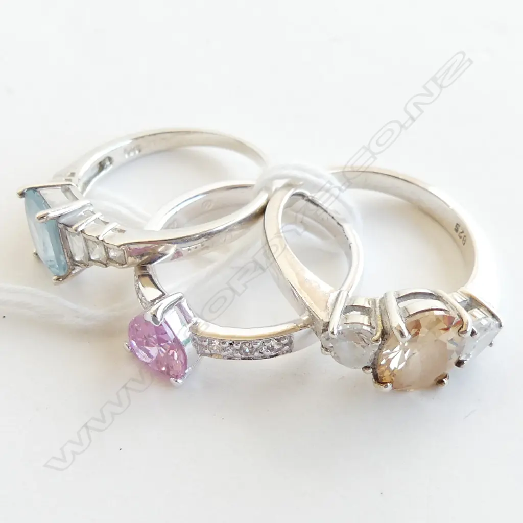3 925 SILVER RINGS; AQUAMARINE, PINK STONE & AMBER STONE Image 1++