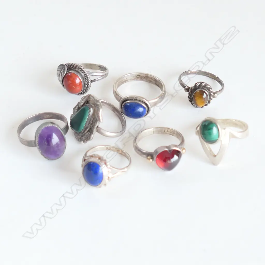 8 ASST. STG & SEMI PRECIOUS STONE RINGS 30 GRAMS Image 1++
