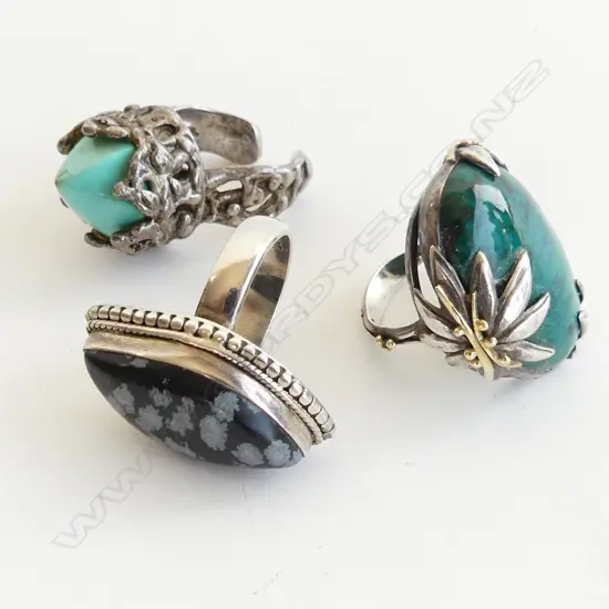 3 DESIGNER HANDMADE RINGS GEM SET. Ex. Jill Mandeno estate
