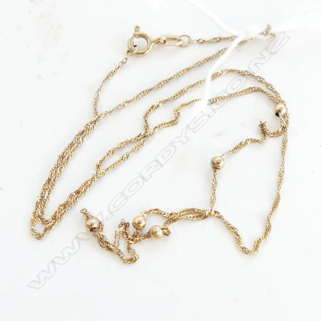 FINE 9CT ITALIAN NECK CHAIN W 5 GOLD BEADS 1.2gm Image 1++