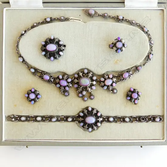 SILVER  AND MOONSTONE PARURE  BOXED (foil backed moonstones one stone missing) NECKLACE/BROOCH/EARRINGS/RING/BRACELET