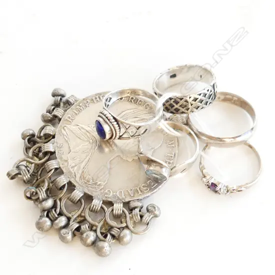 5 SILVER RINGS + LGE SILVER COIN W TASSELS 