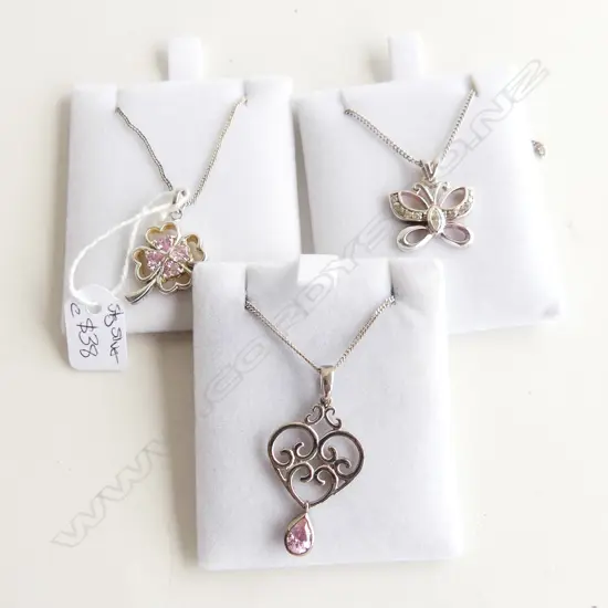 3 925 SILVER PENDANT NECKLACES; PINK & CLEAR STONES; BUTTERFLY, HEART, CLOVER