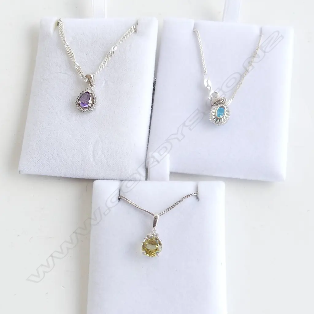 3 925 SILVER PENDANT NECKLACES; PALE BLUE, PALE YELLOW, PURPLE Image 1++