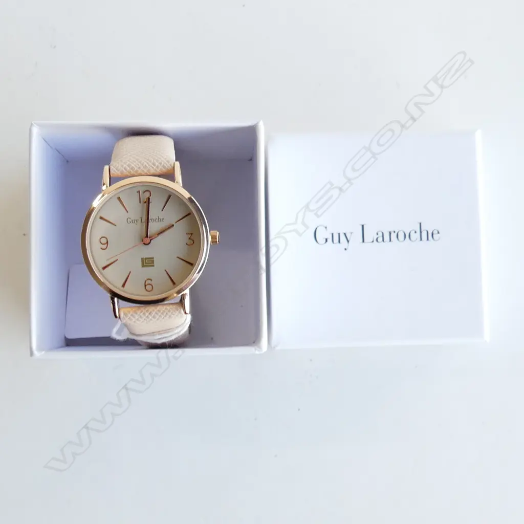 GUY LAROCHE FASHION WATCH; PINK BAND & ROSE GOLD, WORKING & IN ORIGINAL BOX Image 1++