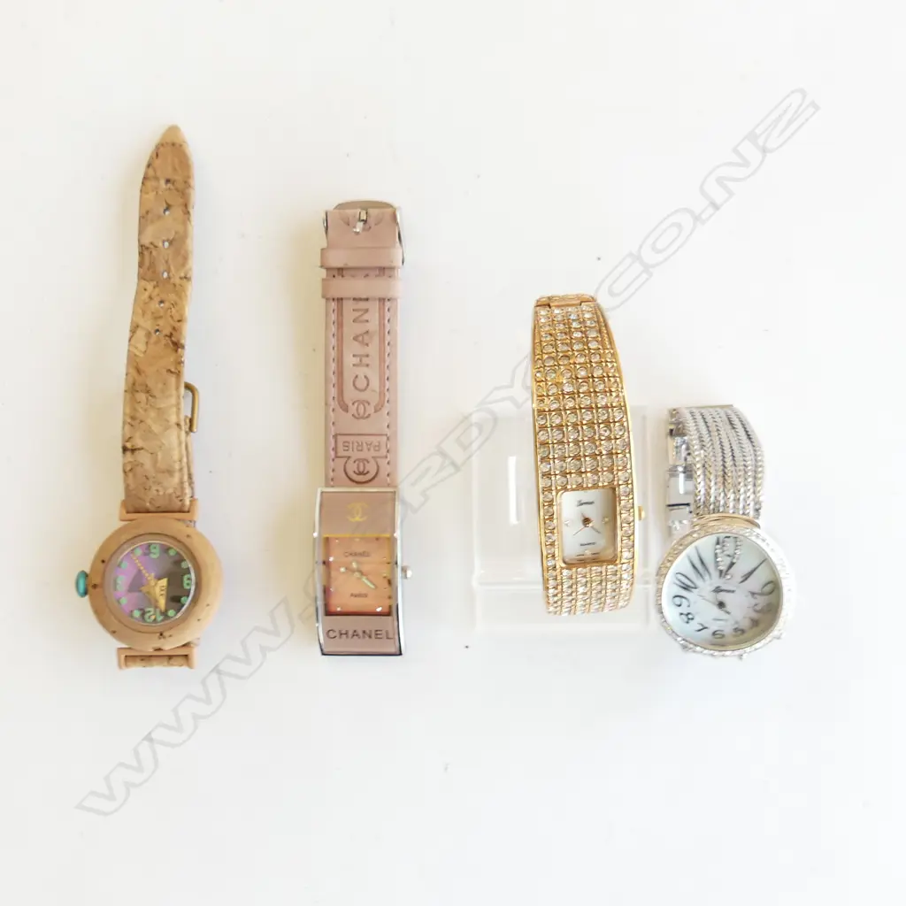 FAUX DESIGNER PINK WATCH, SWISS TLD CORK WATCH  & 2 ORNATE LAMEE WATCHES WITH NEW BATTERIES  Image 1++