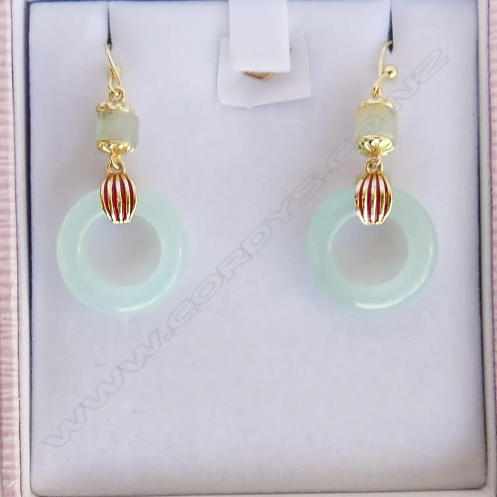 PR NATURAL ICE JADE & 925 GOLD GILDED SILVER HOOP EARRINGS - BOXED Image 1++