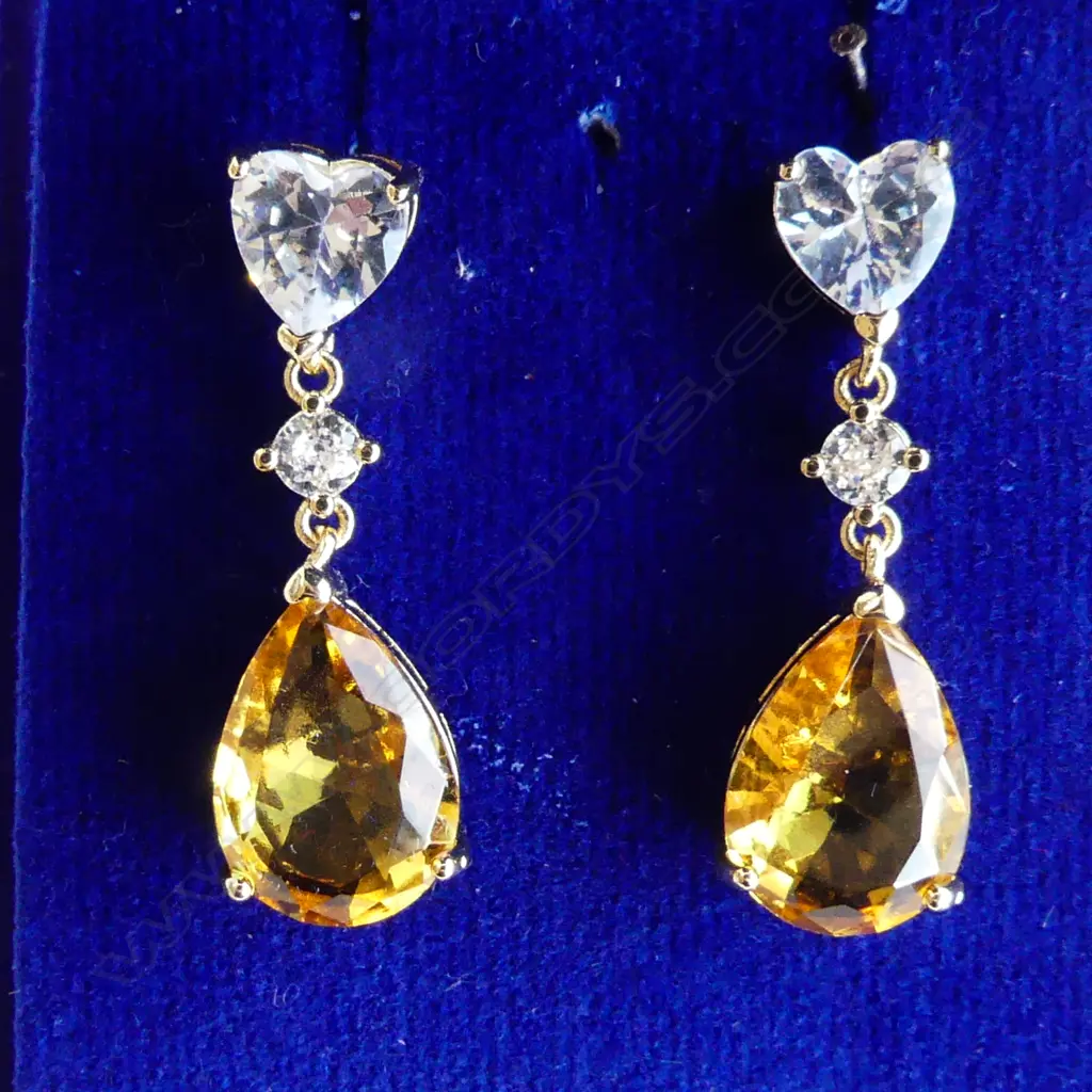 PR DROP EARRINGS; PEAR SHAPED CITRINE & FAUX DIAMOND - POST ON ONE EARRING HAS SNAPPED OFF & WILL NEED REPAIR - BOXED Image 1++