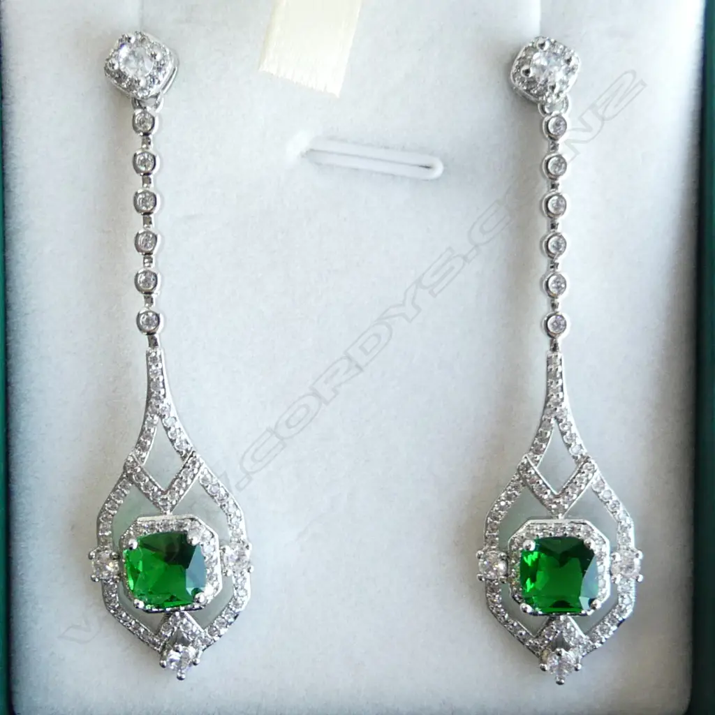 ELEGANT LONG DROP FAUX DIAMOND & EMERALD EARRINGS.  L.60mm Image 1++