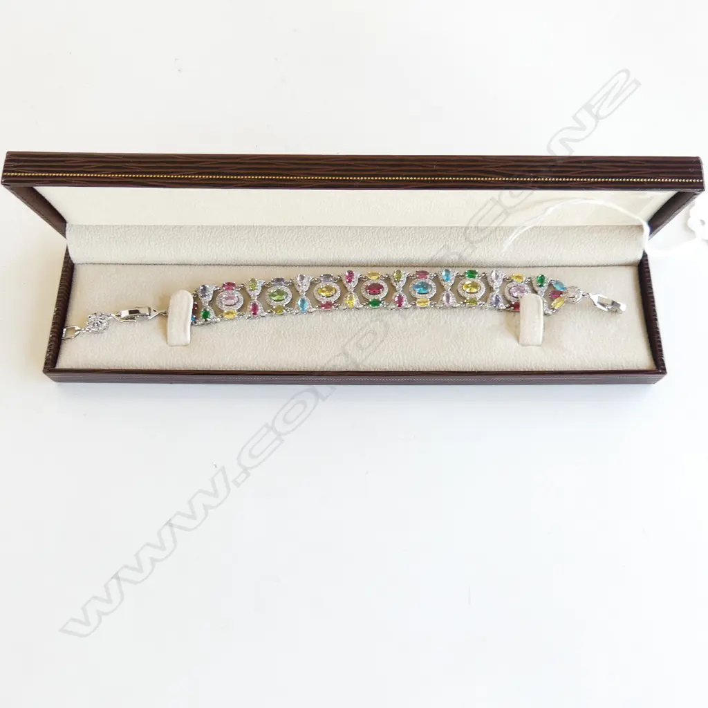 BEAUTIFUL MULTI GEM & FAUX DIAMOND SET WIDE BAND BRACELET - IN BOX - COSTUME Image 1++