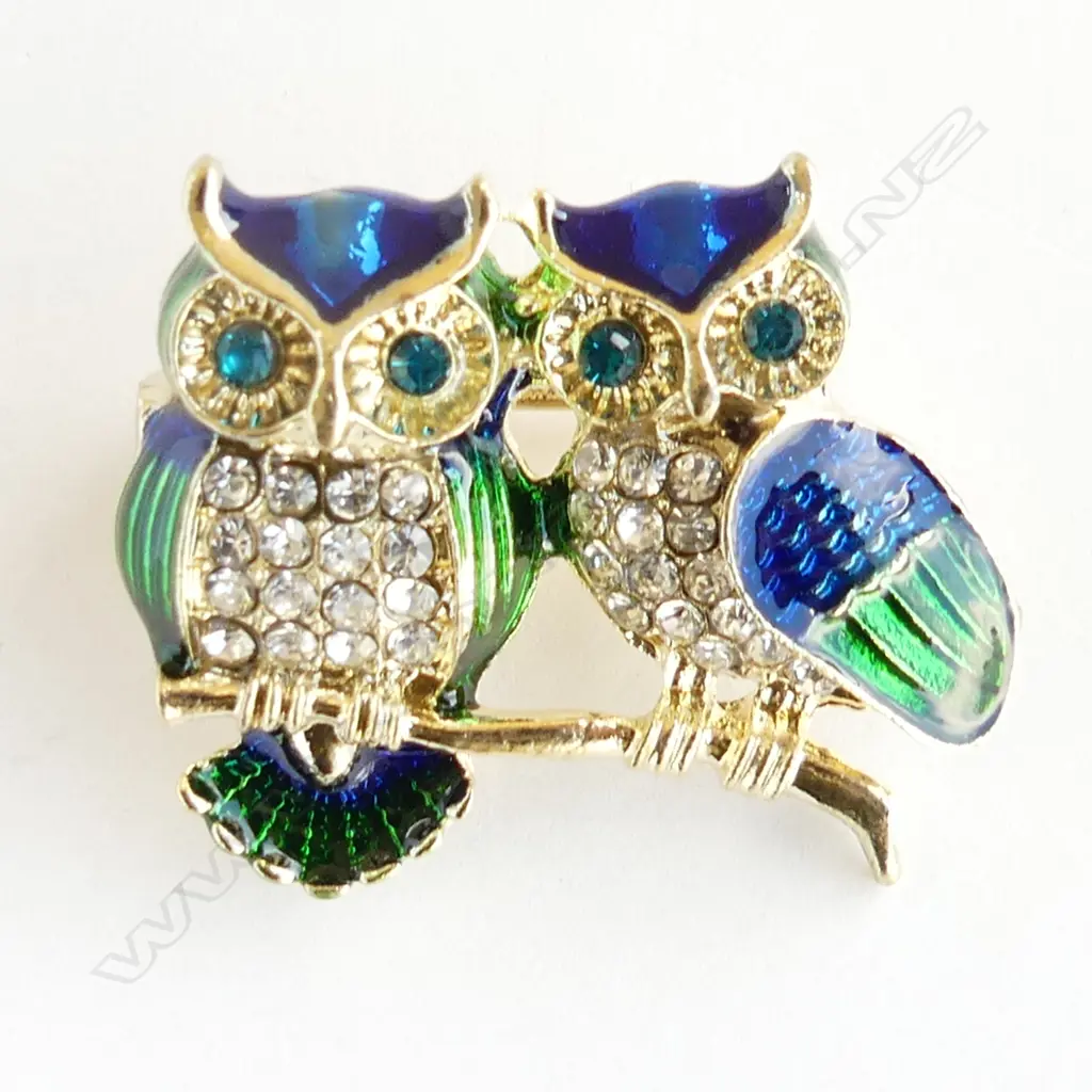 ENAMEL & GILT GEM SET COSTUME JEWELLERY OWL BROOCH Image 1++