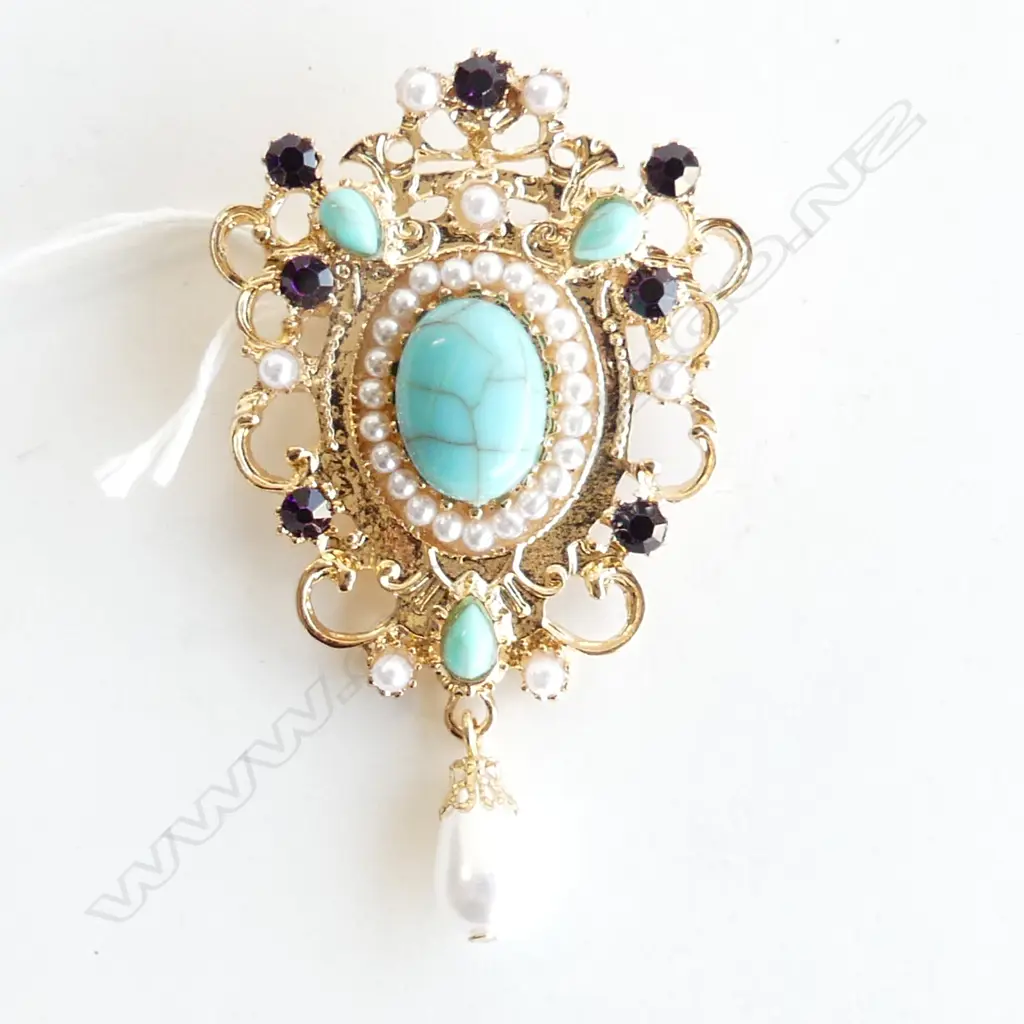 GOLD GILT GEM SET BAROQUE STYLE BROOCH / PENDANT L. 70mm Image 1++