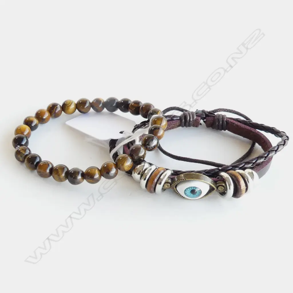 TIGERS EYE BEAD BRACELET & CALF LEATHER, CATS EYE & STAINLESS STEEL BRACELET  Image 1++