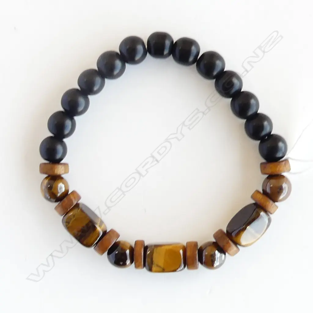 NATURAL TIGERS EYE & OBSIDIAN BEAD BRACELET Image 1++