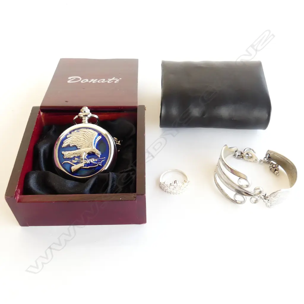 BAG ASST - MODERN DONATI FOB WATCH, WORKING & IN ORIG. WOODEN BOX + SILVER PLATE FORK BRACELET, CROWN DRESS RING Image 1++