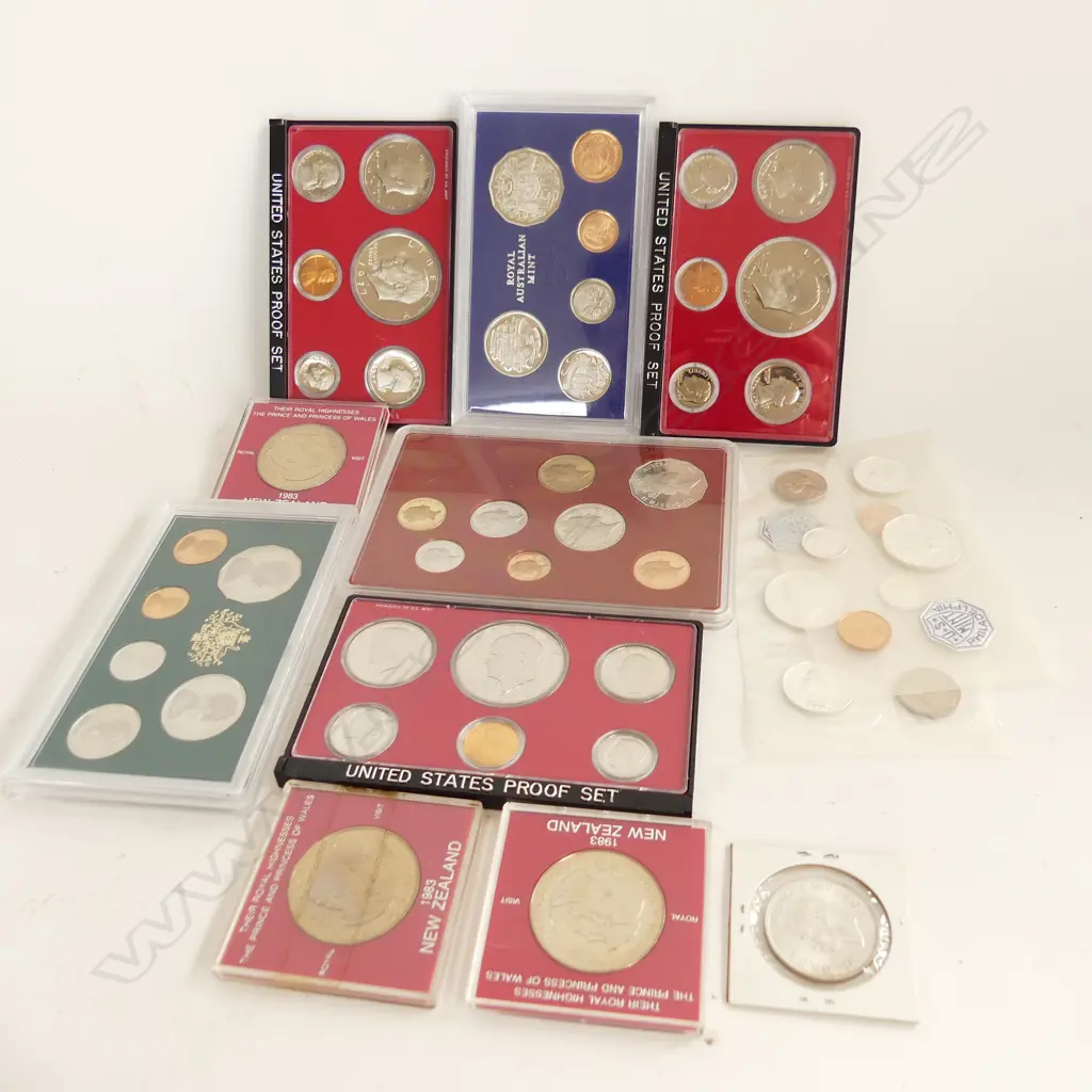 8 PROOF COIN SETS; 5x USA, 3x AUST. + NZ 1940 HALF CROWN + 3 1983 ROYAL VISIT COINS Image 1++