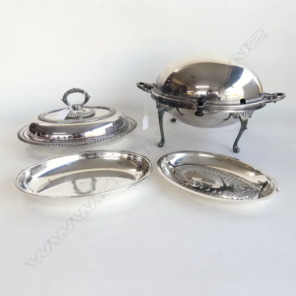 VICTORIAN ROLL TOP SILVER PLATE BREAKFAST SERVER (L. 355mm) + ASST SILVER PLATE DISHES & LIDS  Image 1++