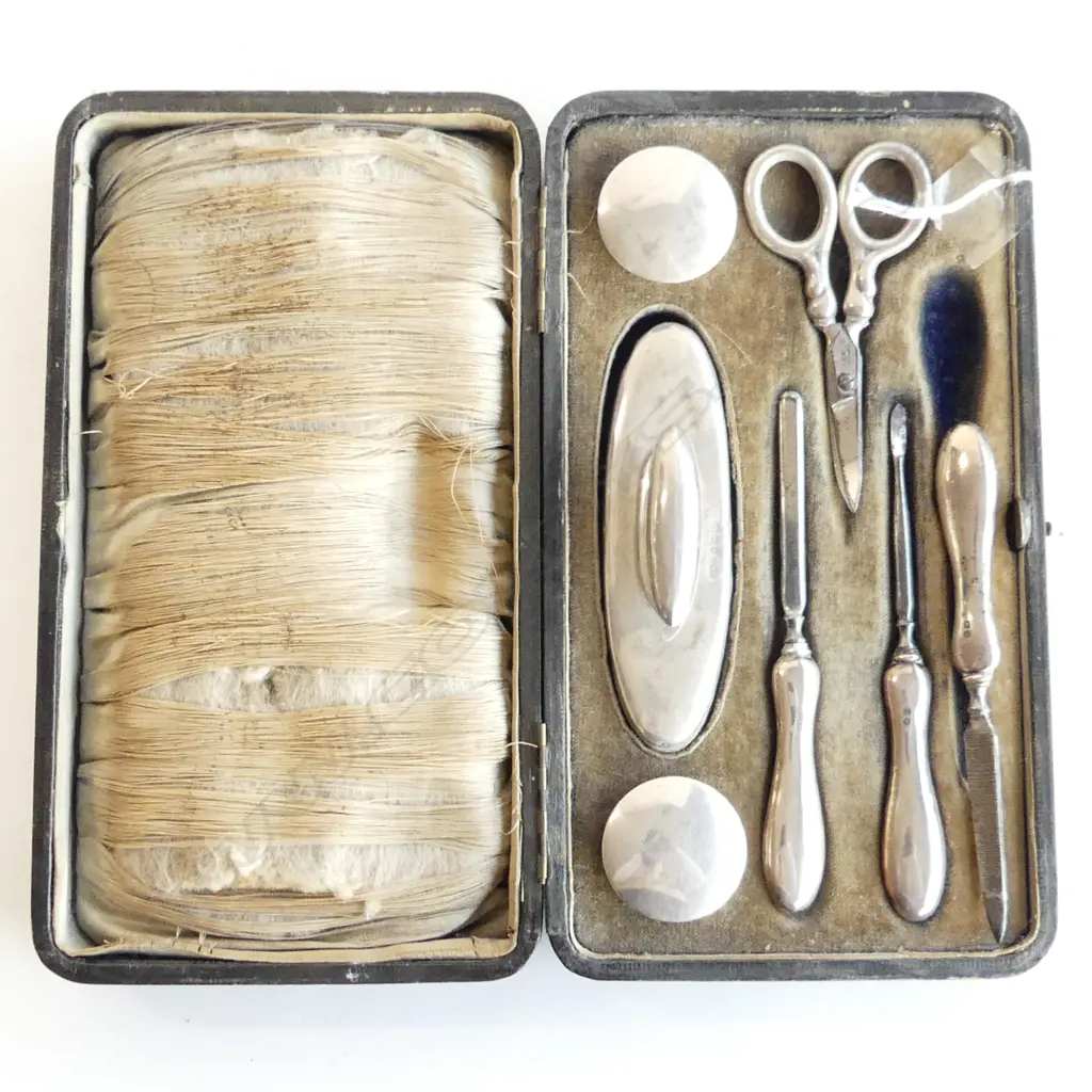 VINTAGE CASED 7 PC STG SILVER  MANICURE SET, BIRM. 1909 (CASE HAS WEAR) Image 1++