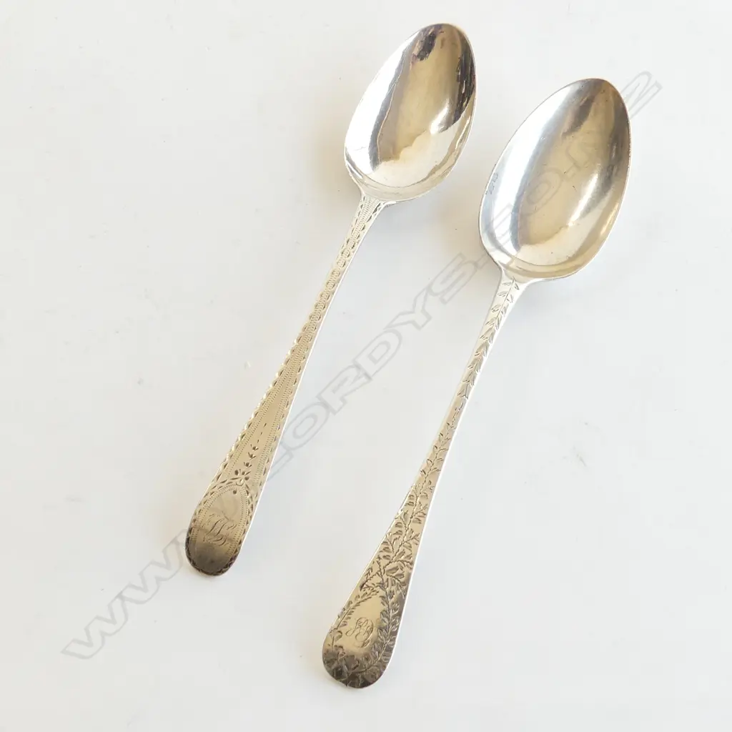 2 19thC SILVER SPOONS: London 1787 by Hester Bateman + Vict. engraved L.1844  Image 1++