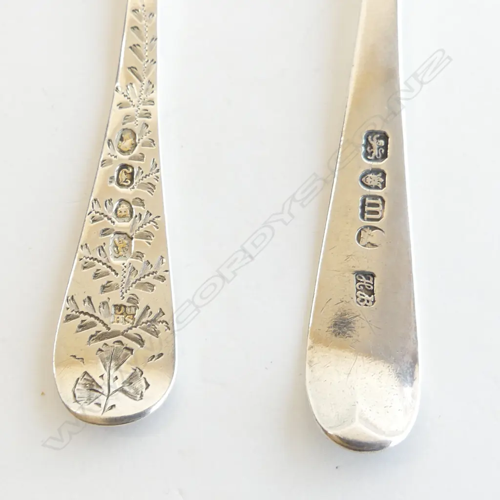 2 19thC SILVER SPOONS: London 1787 by Hester Bateman + Vict. engraved L.1844  Image 1++