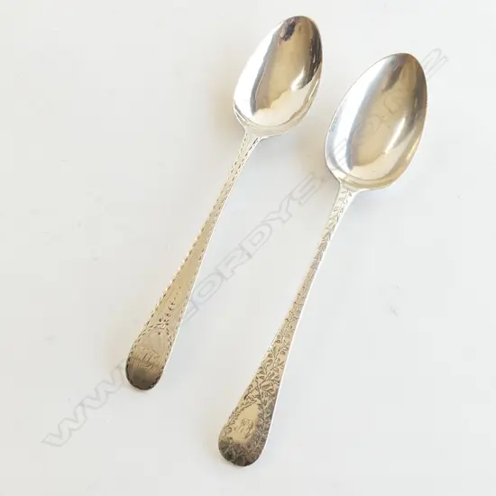 2 19thC SILVER SPOONS: London 1787 by Hester Bateman + Vict. engraved L.1844 