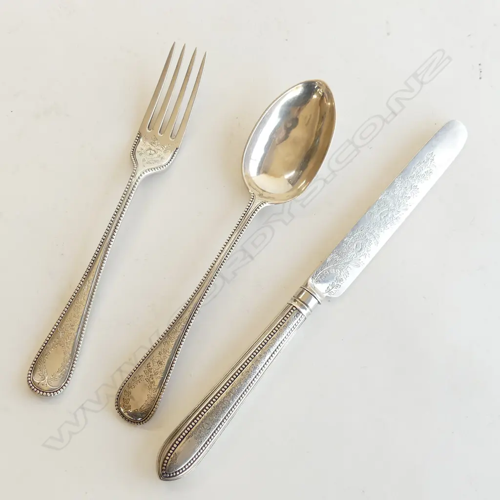 3 PCE VICT. SILVER SET: spoon knife fork. L.1874.  Image 1++