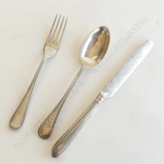 3 PCE VICT. SILVER SET: spoon knife fork. L.1874. 