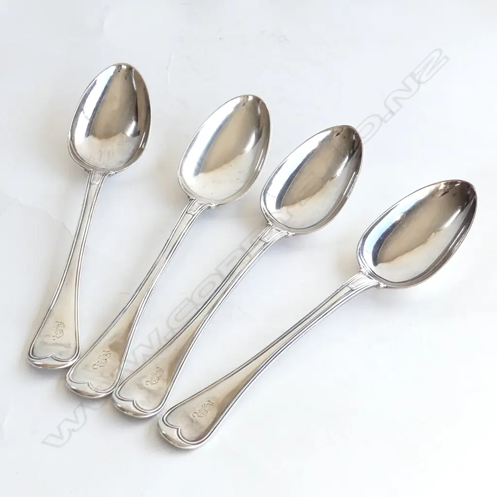 4 STG SILVER FIDDLE THREAD PATTERN TABLESPOONS, C1842-44, 374 GMS Image 1++
