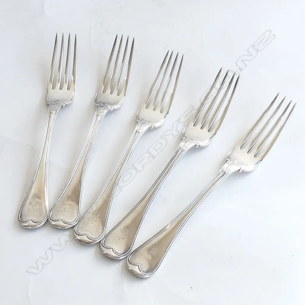 5 STG SILVER FIDDLE THREAD PATTERN DINNER FORKS, C1842-44, 454GMS Image 1++