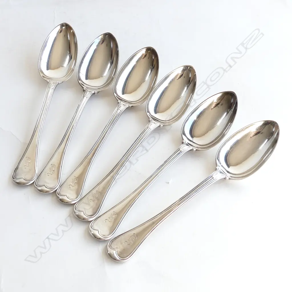 6 STG SILVER FIDDLE THREAD PATTERN DESSERT SPOONS, C1842-44, 337GMS Image 1++