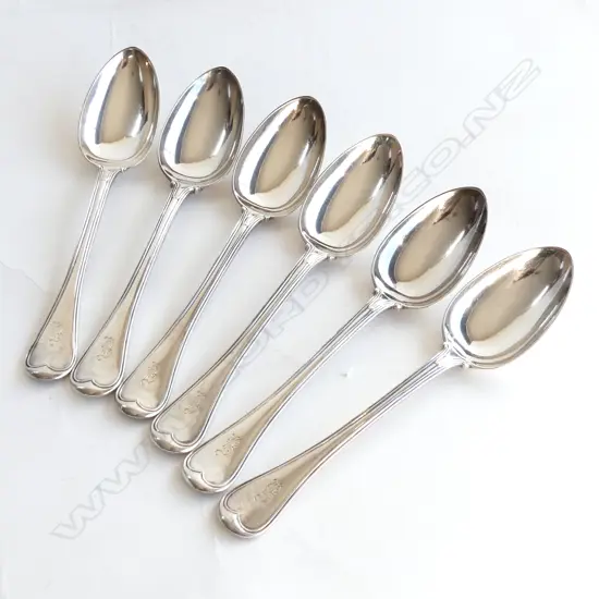 6 STG SILVER FIDDLE THREAD PATTERN DESSERT SPOONS, C1842-44, 337GMS
