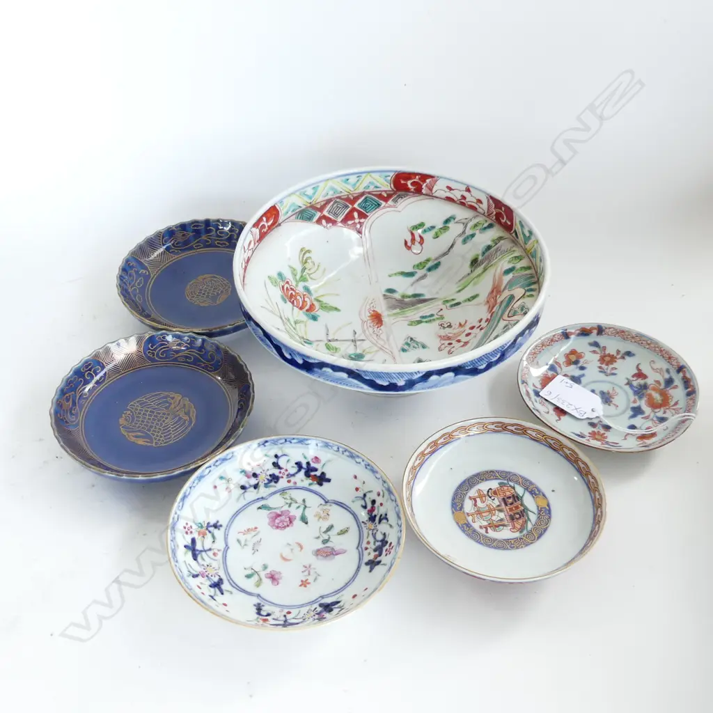 CHINESE BOWL 180mm dia + 5 SMALLER DISHES 110mm dia (2 REPAIRED) Image 1++