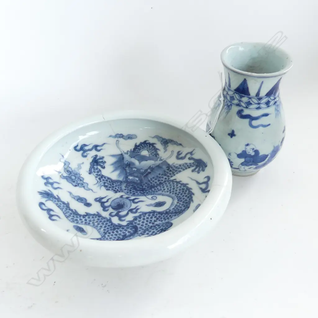 CHINESE B/W DRAGON BOWL (REPAIRED) 165mm dia + VASE H.110mm Image 1++