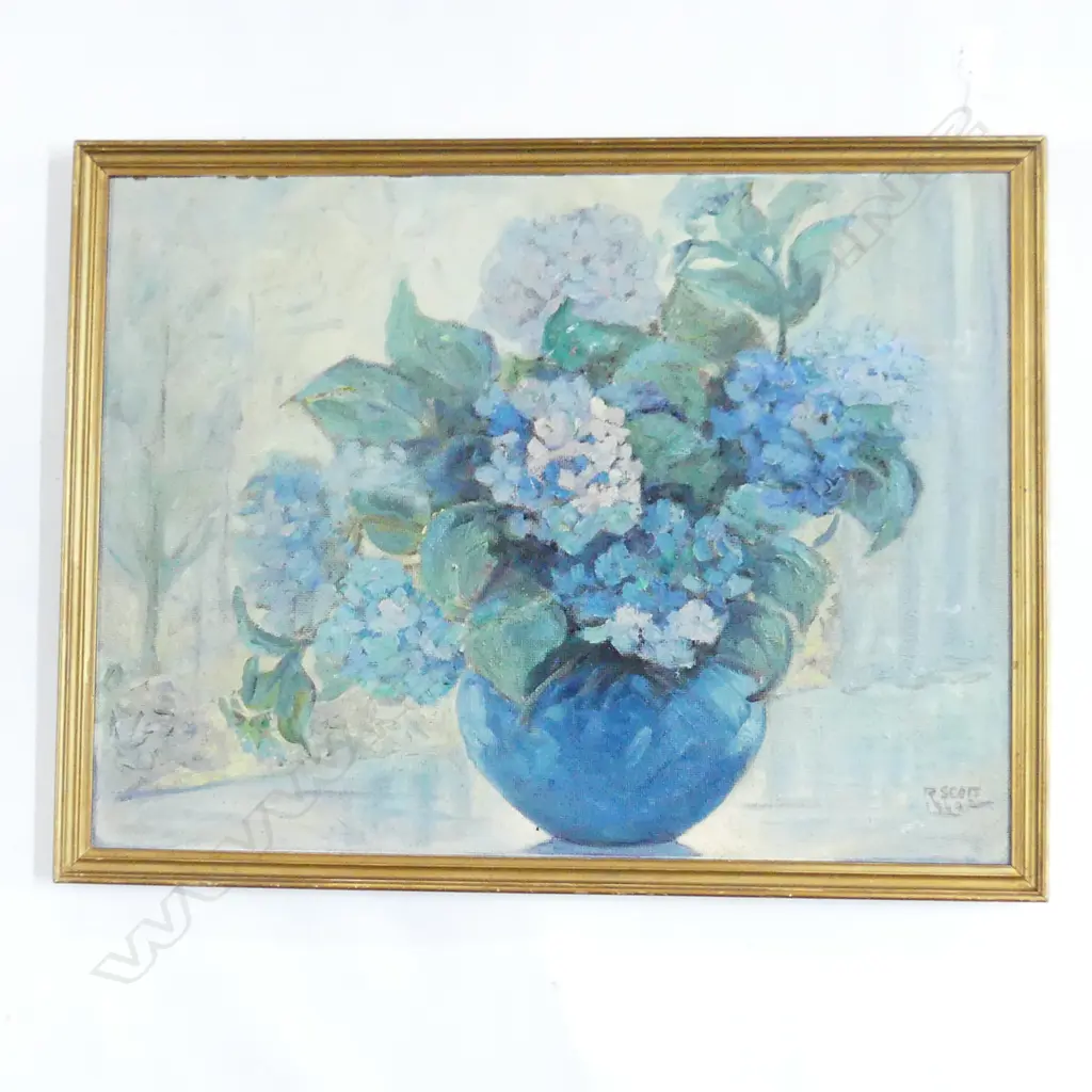 R. SCOTT, BLUE HYDRANGEA STILL LIFE OIL ON BOARD, 1949 445x595mm Image 1++