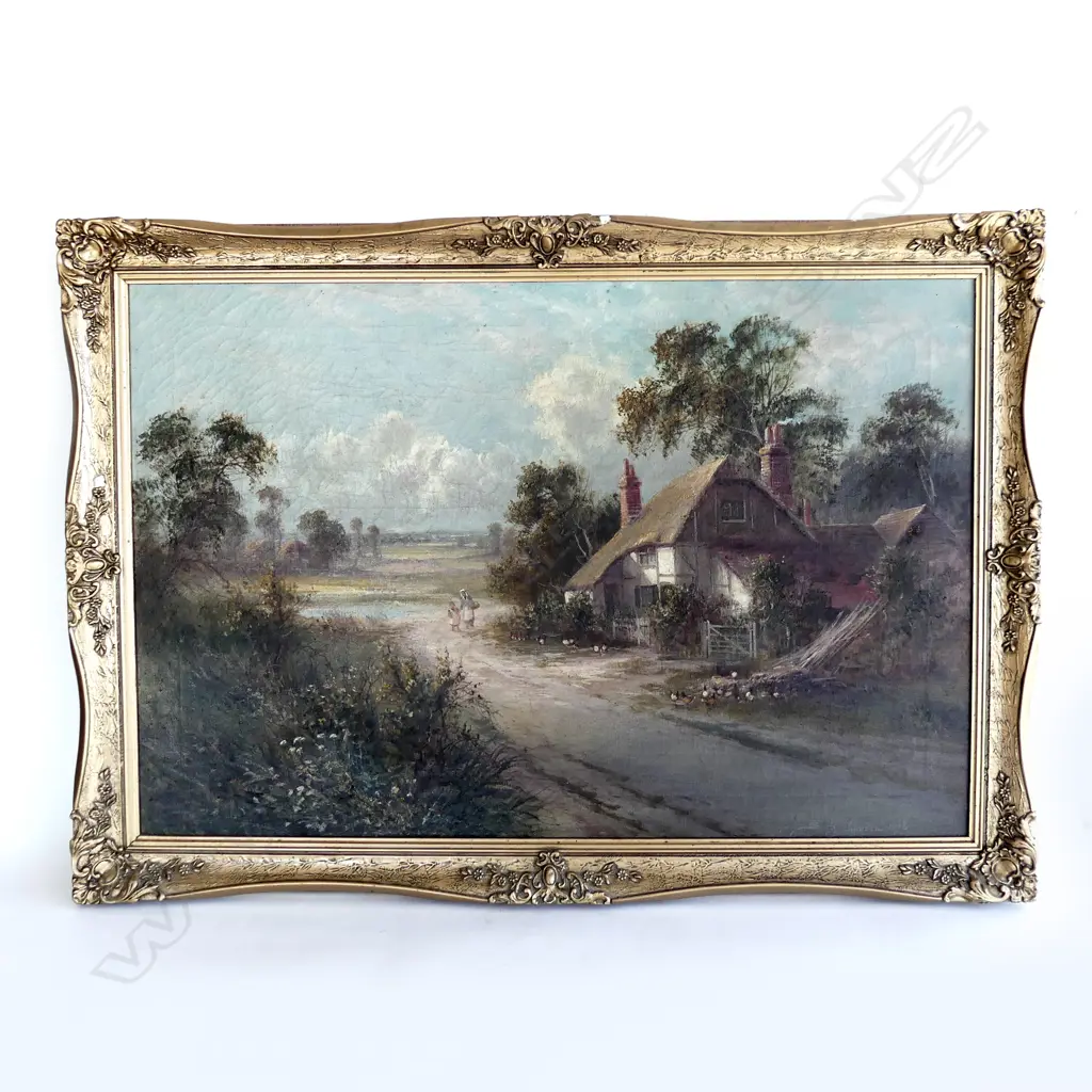 S JOHNSON 1916 OIL PAINTING THATCHED FARM HOUSE W FIGURES 500 X 750mm  Image 1++