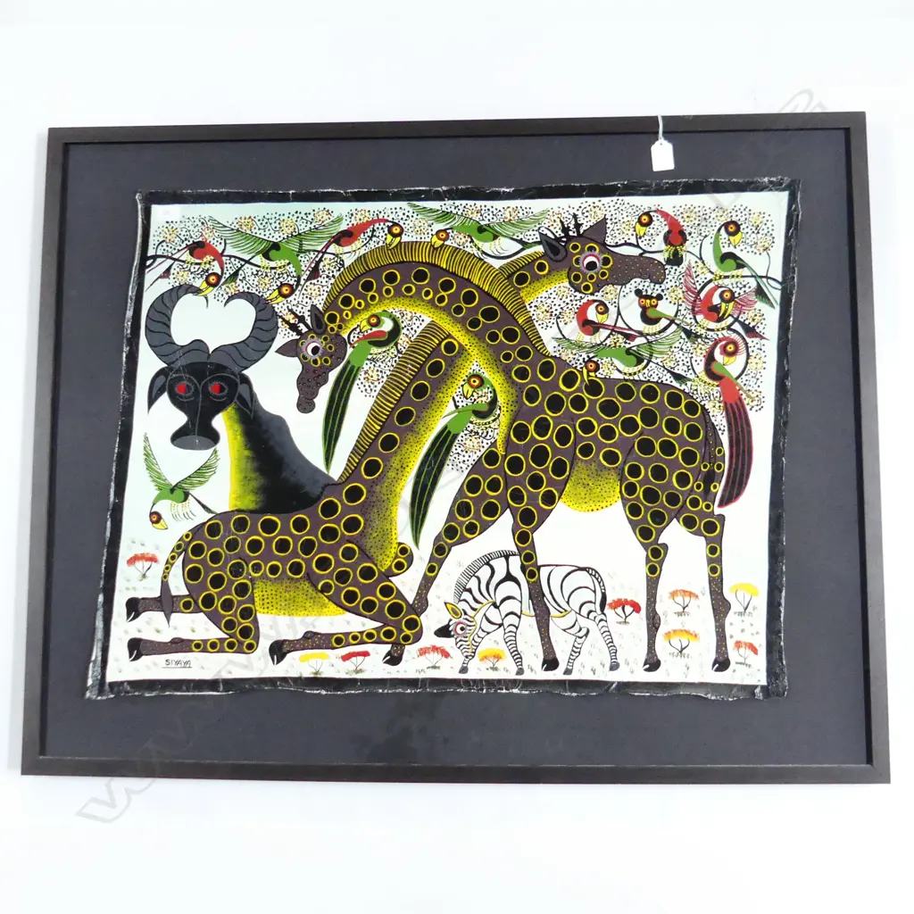 FRAMED TANZANIAN TINGATINGA OIL PAINTING - WILD ANIMALS. SIGNED SIYAYA 610 X 810mm Image 1++